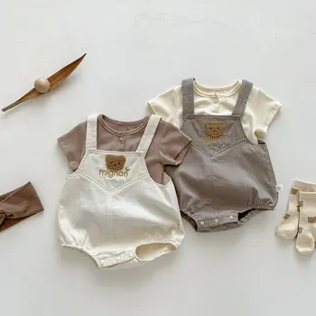 0-24 Meses תינוק קריקטורה בגד רגיל חולצה עם דובי קלע רומפר שני חלקים בייבי בנים בנות בגדים הגירסה הקוריאנית